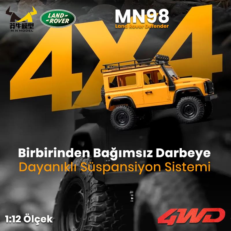 MN Model MN98 V2 1/12 Land Rover Defender D90 4WD RC Model Crawler Offroad Uzaktan Kumandalı Araba Truck RTR Lisanslı Sarı+Dahili Işık Seti MN-98