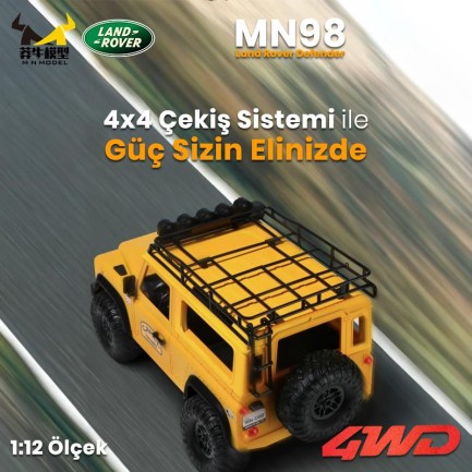 MN Model MN98 V2 1/12 Land Rover Defender D90 4WD RC Model Crawler Offroad Uzaktan Kumandalı Araba Truck RTR Lisanslı Sarı+Dahili Işık Seti MN-98 - Thumbnail