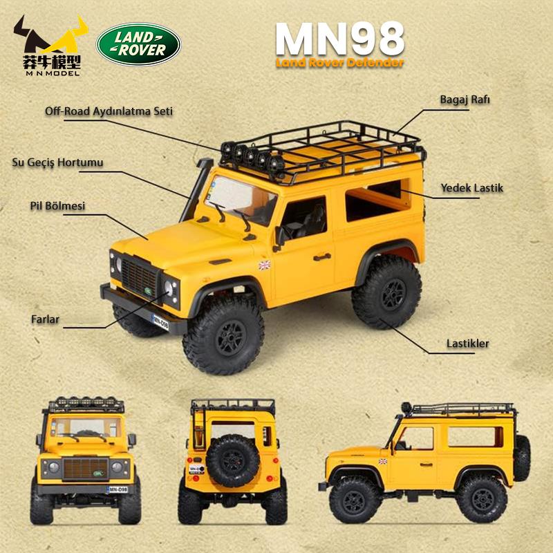 MN Model MN98 V2 1/12 Land Rover Defender D90 4WD RC Model Crawler Offroad Uzaktan Kumandalı Araba Truck RTR Lisanslı Sarı+Dahili Işık Seti MN-98