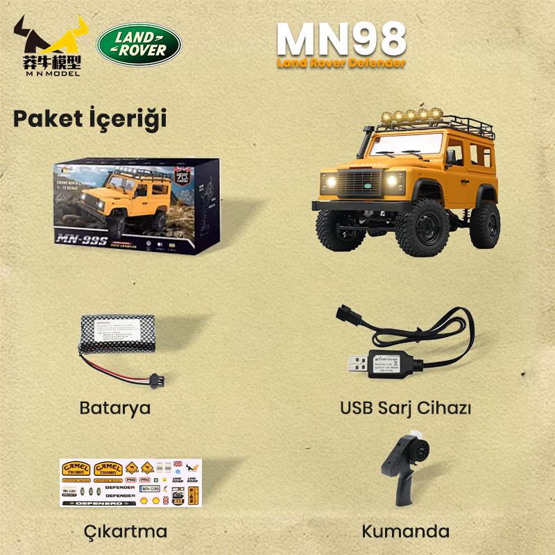MN Model MN98 V2 1/12 Land Rover Defender D90 4WD RC Model Crawler Offroad Uzaktan Kumandalı Araba Truck RTR Lisanslı Sarı+Dahili Işık Seti MN-98