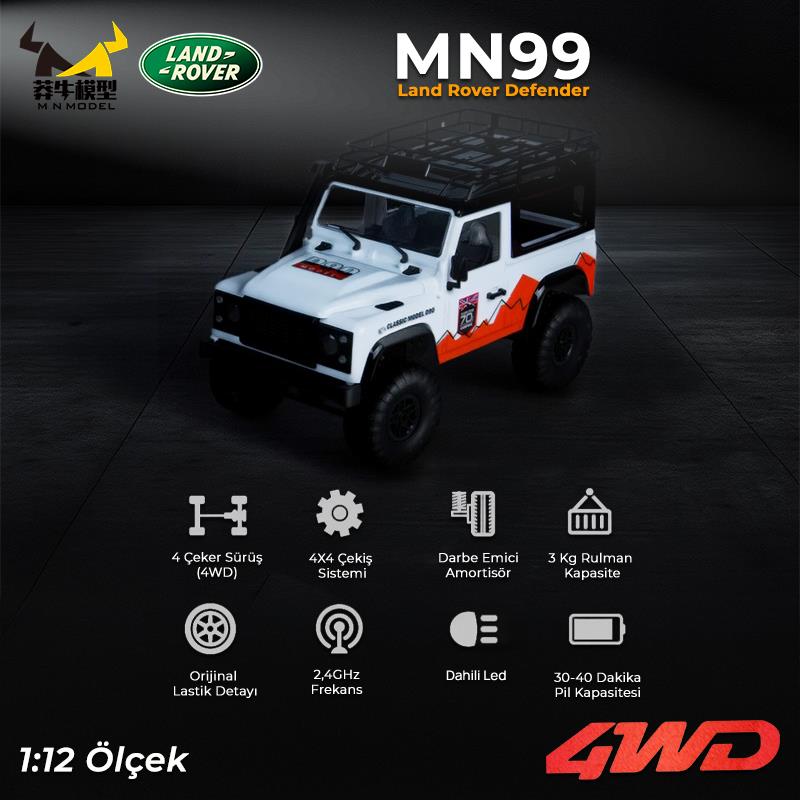 MN Model MN99 V2 1/12 Land Rover Defender D90 4WD RC Model Crawler Offroad Uzaktan Kumandalı Araba Truck RTR Beyaz+Dahili Işık Seti
