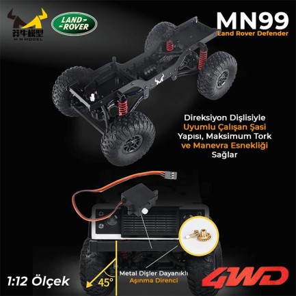 MN Model MN99 V2 1/12 Land Rover Defender D90 4WD RC Model Crawler Offroad Uzaktan Kumandalı Araba Truck RTR Beyaz+Dahili Işık Seti - Thumbnail