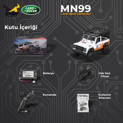 MN Model MN99 V2 1/12 Land Rover Defender D90 4WD RC Model Crawler Offroad Uzaktan Kumandalı Araba Truck RTR Beyaz+Dahili Işık Seti - Thumbnail