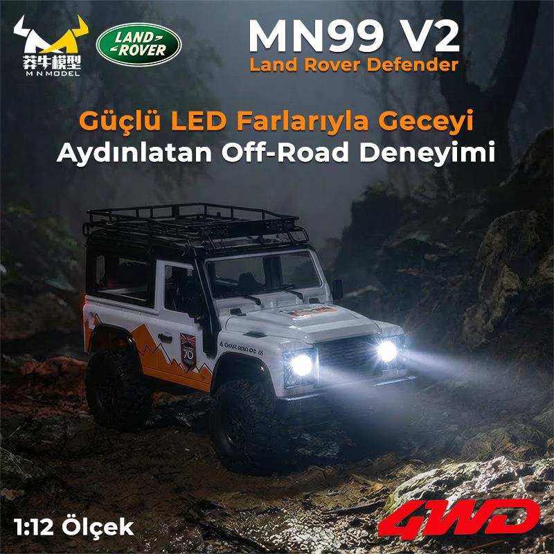 MN Model MN99 V2 1/12 Land Rover Defender D90 4WD RC Model Crawler Offroad Uzaktan Kumandalı Araba Truck RTR Beyaz+Dahili Işık Seti MN-99
