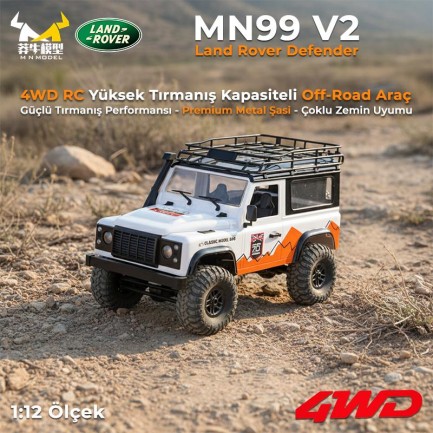 MN Model MN99 V2 1/12 Land Rover Defender D90 4WD RC Model Crawler Offroad Uzaktan Kumandalı Araba Truck RTR Beyaz+Dahili Işık Seti MN-99 - Thumbnail