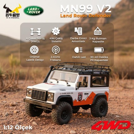 MN Model MN99 V2 1/12 Land Rover Defender D90 4WD RC Model Crawler Offroad Uzaktan Kumandalı Araba Truck RTR Beyaz+Dahili Işık Seti MN-99 - Thumbnail