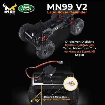 MN Model MN99 V2 1/12 Land Rover Defender D90 4WD RC Model Crawler Offroad Uzaktan Kumandalı Araba Truck RTR Beyaz+Dahili Işık Seti MN-99 - Thumbnail