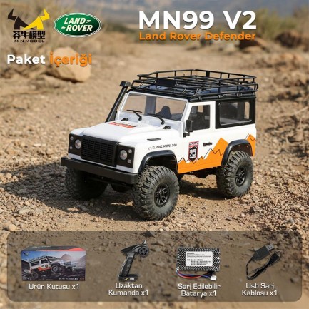 MN Model MN99 V2 1/12 Land Rover Defender D90 4WD RC Model Crawler Offroad Uzaktan Kumandalı Araba Truck RTR Beyaz+Dahili Işık Seti MN-99 - Thumbnail