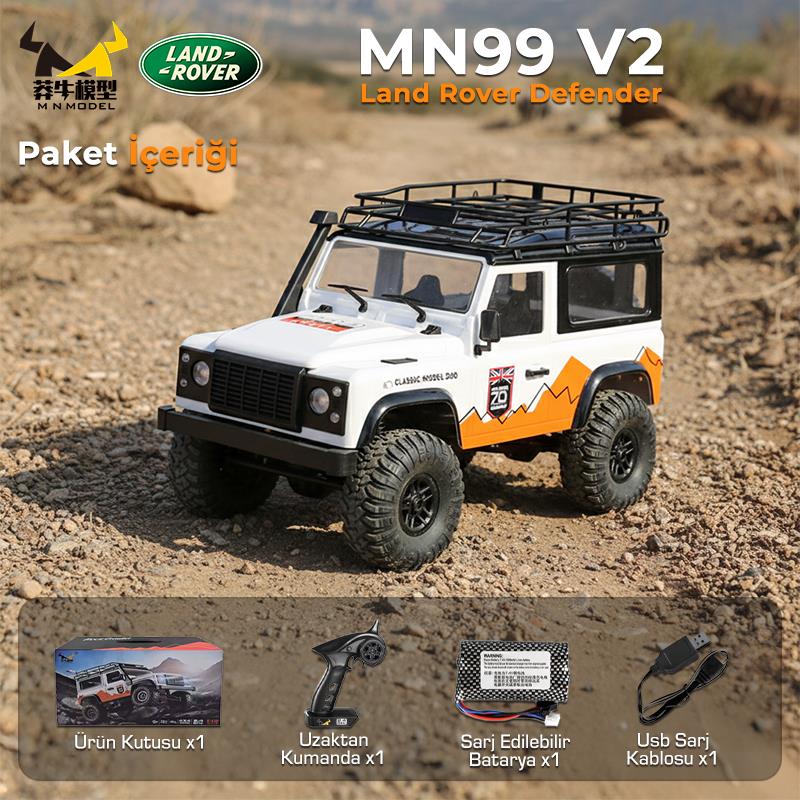 MN Model MN99 V2 1/12 Land Rover Defender D90 4WD RC Model Crawler Offroad Uzaktan Kumandalı Araba Truck RTR Beyaz+Dahili Işık Seti MN-99