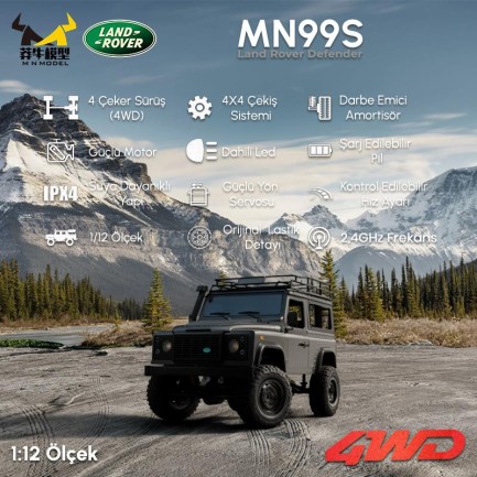 MN Model MN99S V2 1/12 Land Rover Defender 4WD RC Model Crawler Offroad Uzaktan Kumandalı Araba Truck RTR Lisanslı Gümüş+Dahili Işık Seti MN-99S V2 - Thumbnail