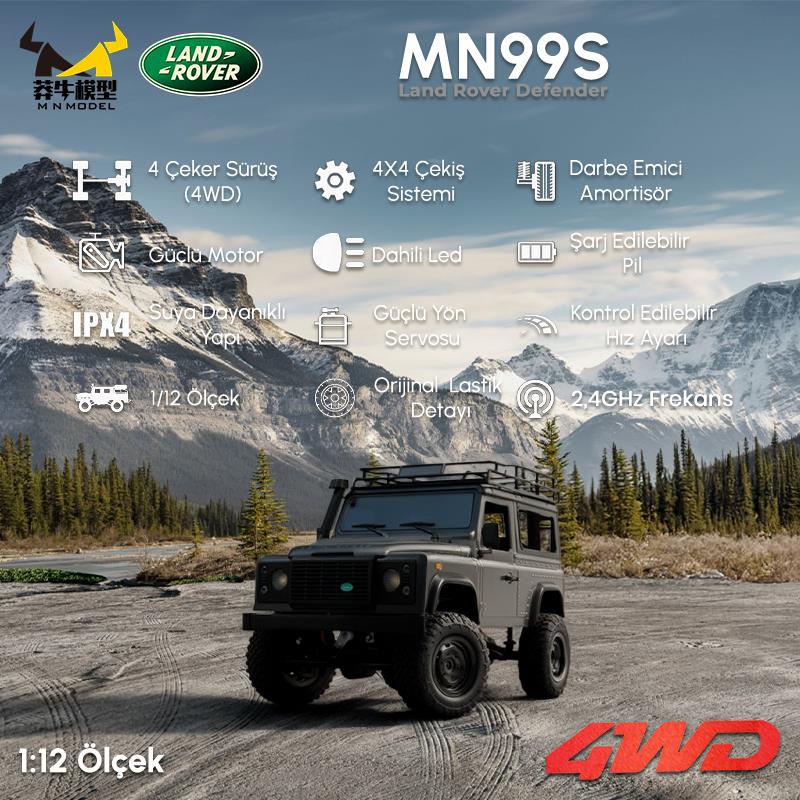 MN Model MN99S V2 1/12 Land Rover Defender 4WD RC Model Crawler Offroad Uzaktan Kumandalı Araba Truck RTR Lisanslı Gümüş+Dahili Işık Seti MN-99S V2