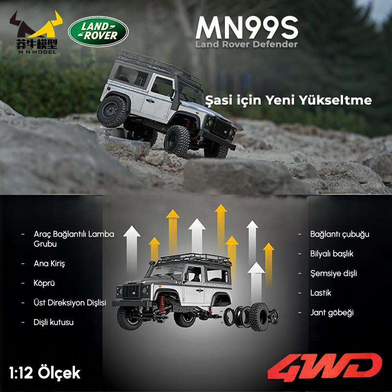 MN Model MN99S V2 1/12 Land Rover Defender 4WD RC Model Crawler Offroad Uzaktan Kumandalı Araba Truck RTR Lisanslı Gümüş+Dahili Işık Seti MN-99S V2