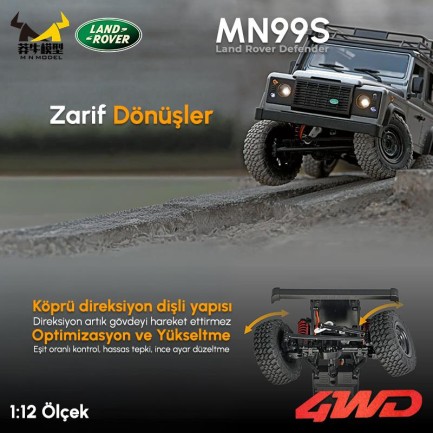 MN Model MN99S V2 1/12 Land Rover Defender 4WD RC Model Crawler Offroad Uzaktan Kumandalı Araba Truck RTR Lisanslı Gümüş+Dahili Işık Seti MN-99S V2 - Thumbnail