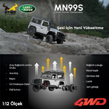 MN Model MN99S V2 1/12 Land Rover Defender 4WD RC Model Crawler Offroad Uzaktan Kumandalı Araba Truck RTR Lisanslı Gümüş+Dahili Işık Seti MN-99S V2 - Thumbnail