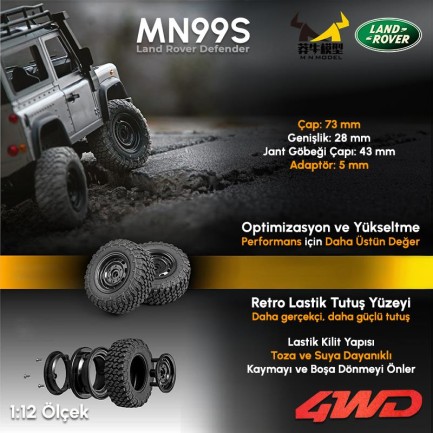 MN Model MN99S V2 1/12 Land Rover Defender 4WD RC Model Crawler Offroad Uzaktan Kumandalı Araba Truck RTR Lisanslı Gümüş+Dahili Işık Seti MN-99S V2 - Thumbnail