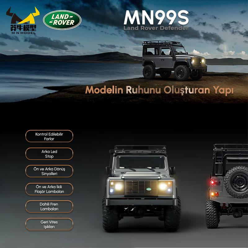 MN Model MN99S V2 1/12 Land Rover Defender 4WD RC Model Crawler Offroad Uzaktan Kumandalı Araba Truck RTR Lisanslı Gümüş+Dahili Işık Seti MN-99S V2