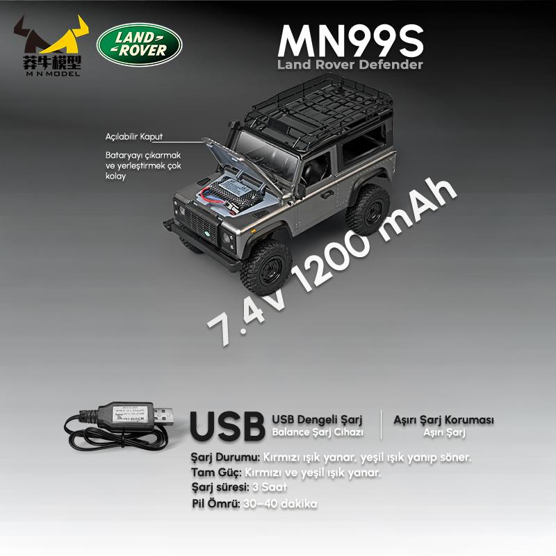 MN Model MN99S V2 1/12 Land Rover Defender 4WD RC Model Crawler Offroad Uzaktan Kumandalı Araba Truck RTR Lisanslı Gümüş+Dahili Işık Seti MN-99S V2