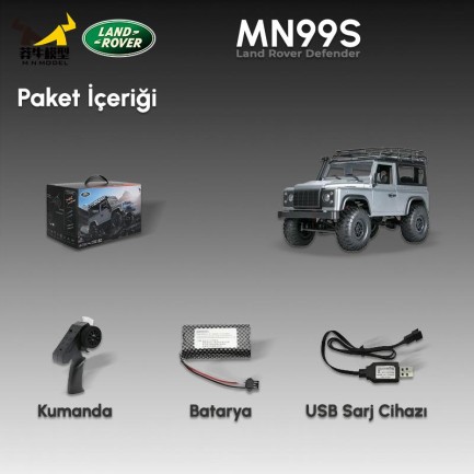 MN Model MN99S V2 1/12 Land Rover Defender 4WD RC Model Crawler Offroad Uzaktan Kumandalı Araba Truck RTR Lisanslı Gümüş+Dahili Işık Seti MN-99S V2 - Thumbnail