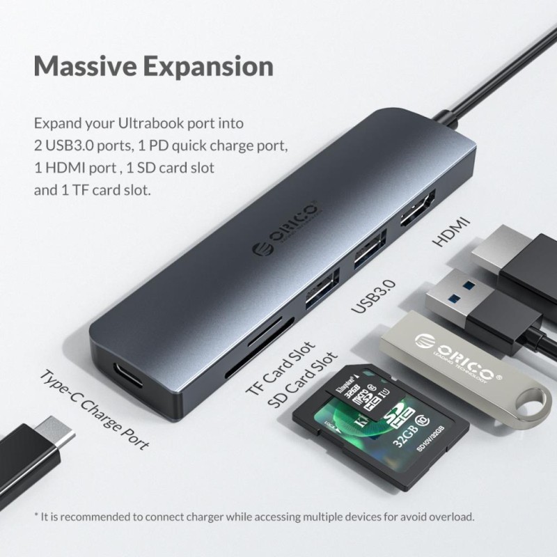 ORICO-6 in 1 Type-C Multifunctional Docking Station (PD3.0*1;USB3.0*2,TF3.0/SD3.0*1;HDMI*1)