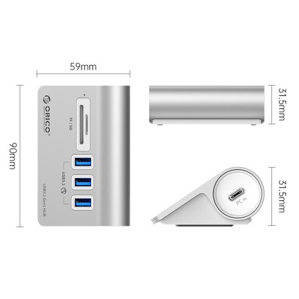 Orico Aluminum Alloy 3 Port USB3.2 Type-A HUB with Card Reader - Thumbnail