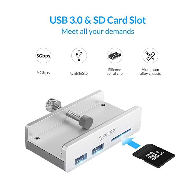 ORICO-Clip-type USB3.0 HUB with Card Reader (USB3.0 Type-A * 2(Blue)/ SD * 1)