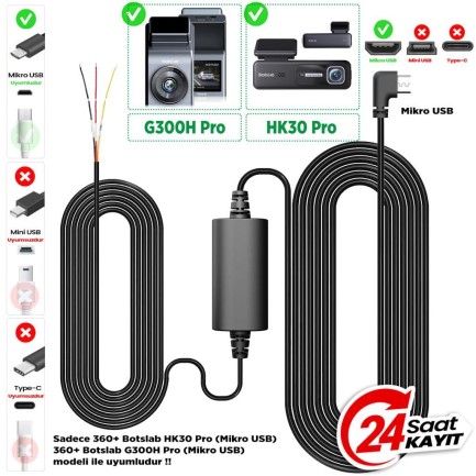 360+ - 360+ Botslab G300H Pro/HK30 Pro Araç İçi Kamera 24 Saat Park Modu Kiti Akü Bağlantı Kablosu (Micro Usb)