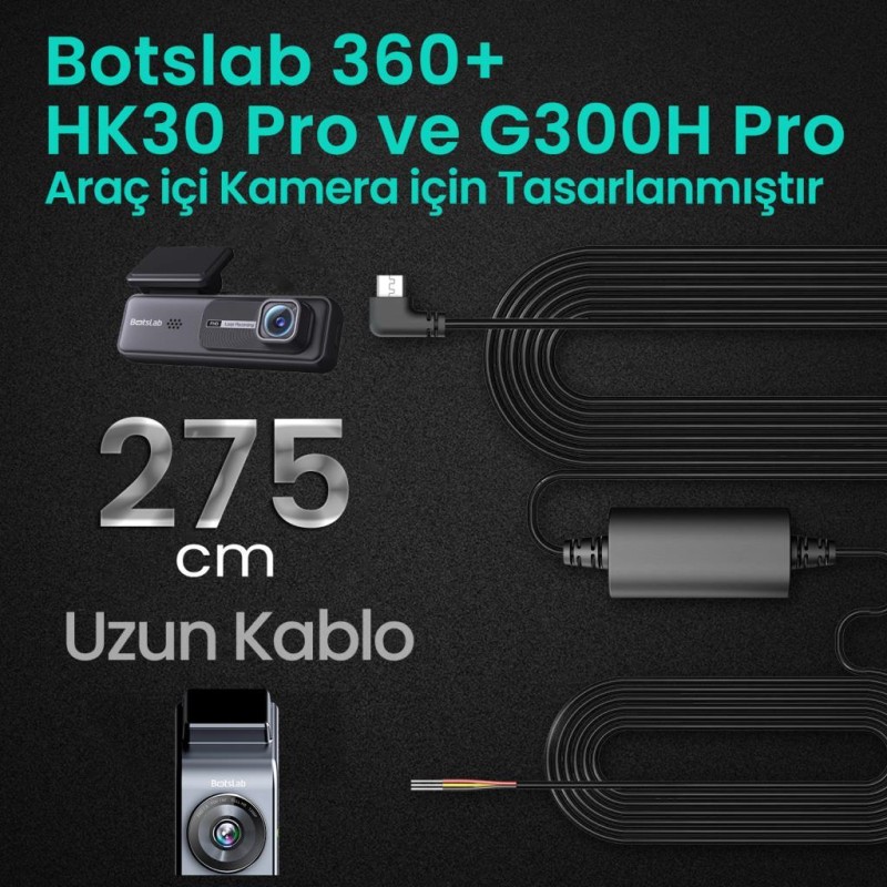 360+ Botslab G300H Pro/HK30 Pro Araç İçi Kamera 24 Saat Park Modu Kiti Akü Bağlantı Kablosu (Micro Usb)
