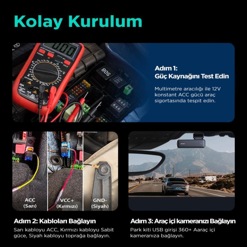 360+ Botslab G300H Pro/HK30 Pro Araç İçi Kamera 24 Saat Park Modu Kiti Akü Bağlantı Kablosu (Micro Usb)