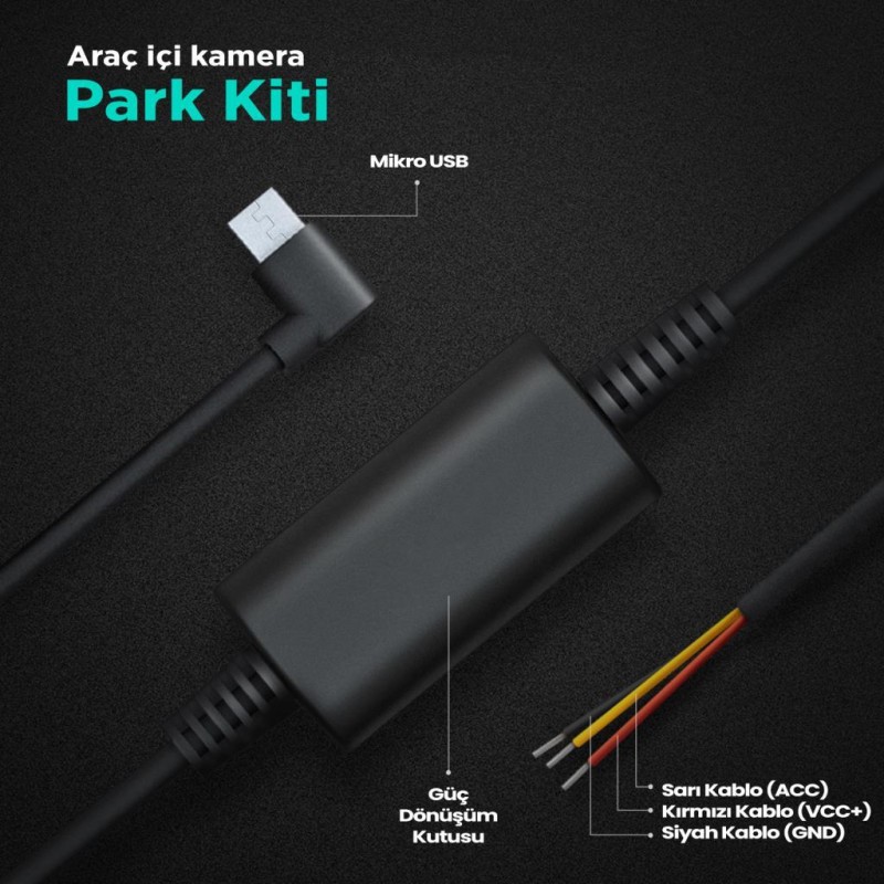 360+ Botslab G300H Pro/HK30 Pro Araç İçi Kamera 24 Saat Park Modu Kiti Akü Bağlantı Kablosu (Micro Usb)