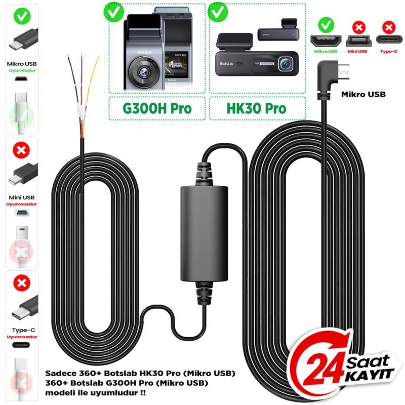 360+ Botslab G300H Pro/HK30 Pro Araç İçi Kamera 24 Saat Park Modu Kiti Akü Bağlantı Kablosu (Micro Usb)