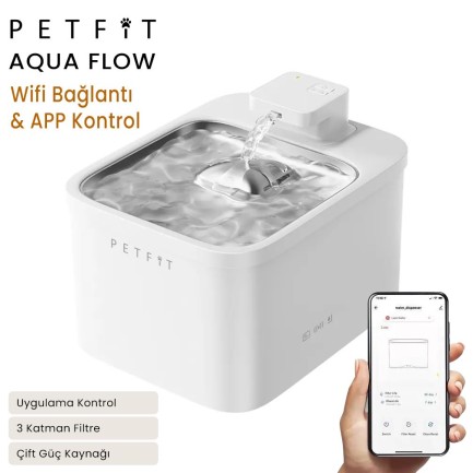 Petfit - Petfit Aqua Flow 4L Çelik Hazne Wi-Fi Bataryalı Akıllı Otomatik Kedi Köpek Su Pınarı Su Çeşmesi Su Şelalesi (Ultra Sessiz+UV Filtre+Akıllı Sensör)