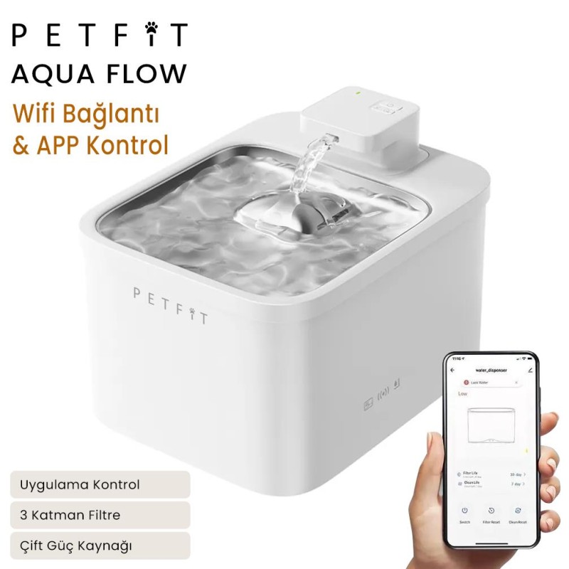 Petfit Aqua Flow 4L Çelik Hazne Wi-Fi Bataryalı Akıllı Otomatik Kedi Köpek Su Pınarı Su Çeşmesi Su Şelalesi (Ultra Sessiz+UV Filtre+Akıllı Sensör)