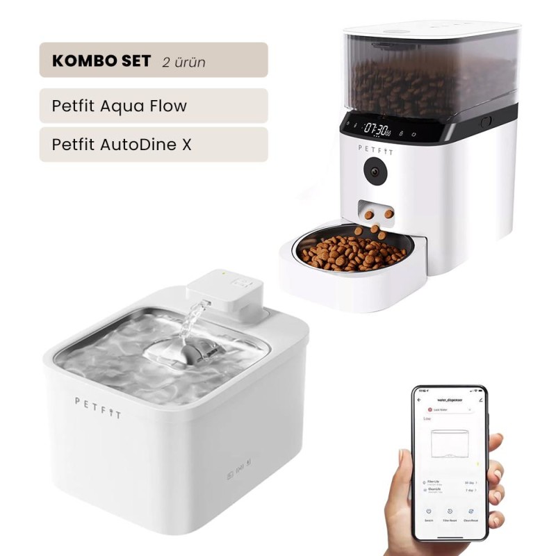 Petfit Aqua Flow WiFi Akıllı Bataryalı Otomatik Kedi Köpek Su Pınarı Çeşmesi Şelalesi+Petfit AutoDine X 5L Wi-Fi Kameralı Akıllı Otomatik Mama Kabı Besleme Ünitesi Bundle