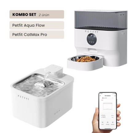 Petfit - Petfit Aqua Flow WiFi Akıllı Bataryalı Otomatik Kedi Köpek Su Pınarı Çeşmesi Şelalesi+Petfit CatMax Pro 5L Wi-Fi Kameralı Akıllı Otomatik Mama Kabı Besleme Ünitesi Bundle