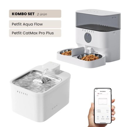 Petfit - Petfit Aqua Flow WiFi Akıllı Bataryalı Otomatik Kedi Köpek Su Pınarı Çeşmesi Şelalesi+Petfit CatMax Pro Plus 5L Wi-Fi Kameralı Akıllı Otomatik Mama Kabı Besleme Ünitesi Bundle