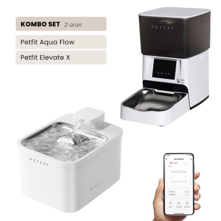 Petfit - Petfit Aqua Flow WiFi Akıllı Bataryalı Otomatik Kedi Köpek Su Pınarı Çeşmesi Şelalesi+Petfit Elevate X 4L Wi-Fi Akıllı Otomatik Mama Kabı Besleme Ünitesi Bundle
