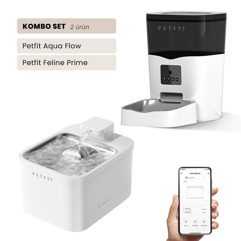 Petfit Aqua Flow WiFi Akıllı Bataryalı Otomatik Kedi Köpek Su Pınarı Çeşmesi Şelalesi+Petfit Feline Prime 3L Wi-Fi Kameralı Akıllı Otomatik Mama Kabı Besleme Ünitesi Bundle