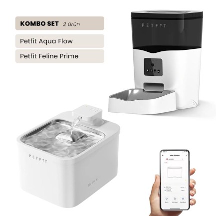 Petfit - Petfit Aqua Flow WiFi Akıllı Bataryalı Otomatik Kedi Köpek Su Pınarı Çeşmesi Şelalesi+Petfit Feline Prime 3L Wi-Fi Kameralı Akıllı Otomatik Mama Kabı Besleme Ünitesi Bundle