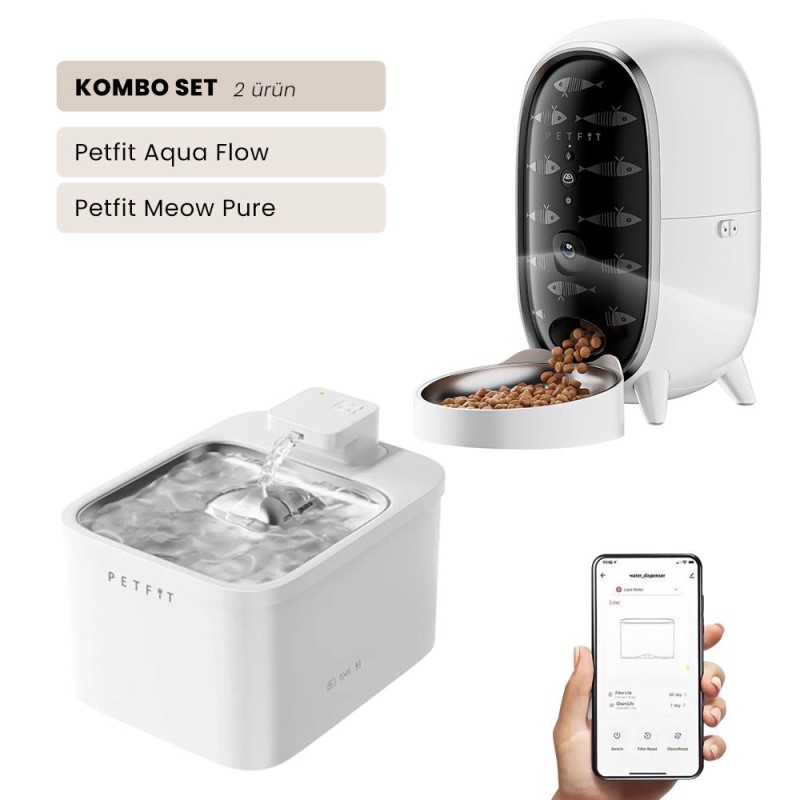 Petfit Aqua Flow WiFi Akıllı Bataryalı Otomatik Kedi Köpek Su Pınarı Çeşmesi Şelalesi+Petfit Meow Pure 3L Wi-Fi Kameralı Akıllı Otomatik Mama Kabı Besleme Ünitesi Bundle