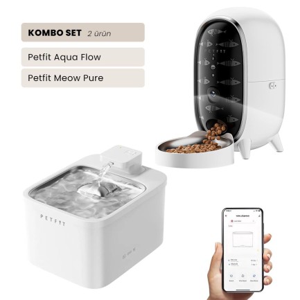Petfit - Petfit Aqua Flow WiFi Akıllı Bataryalı Otomatik Kedi Köpek Su Pınarı Çeşmesi Şelalesi+Petfit Meow Pure 3L Wi-Fi Kameralı Akıllı Otomatik Mama Kabı Besleme Ünitesi Bundle