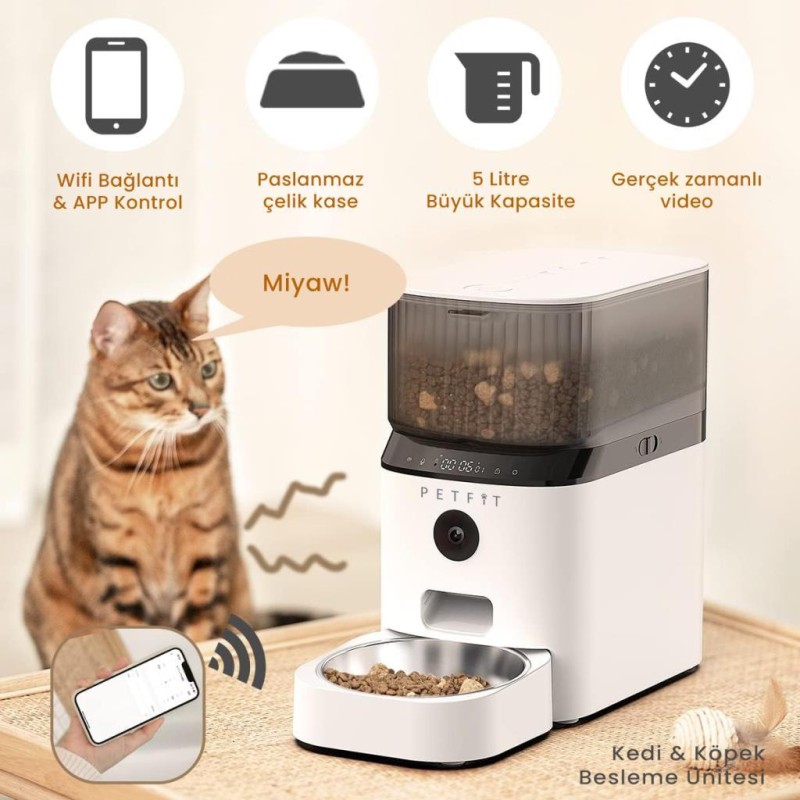 Petfit AutoDine X 5L Wi-Fi Kameralı Akıllı Otomatik Kedi Köpek Mama Kabı Besleme Ünitesi (Sesli Komut+Çelik Kase+APP Kontrol)