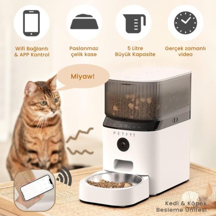 Petfit AutoDine X 5L Wi-Fi Kameralı Akıllı Otomatik Kedi Köpek Mama Kabı Besleme Ünitesi (Sesli Komut+Çelik Kase+APP Kontrol) - Thumbnail