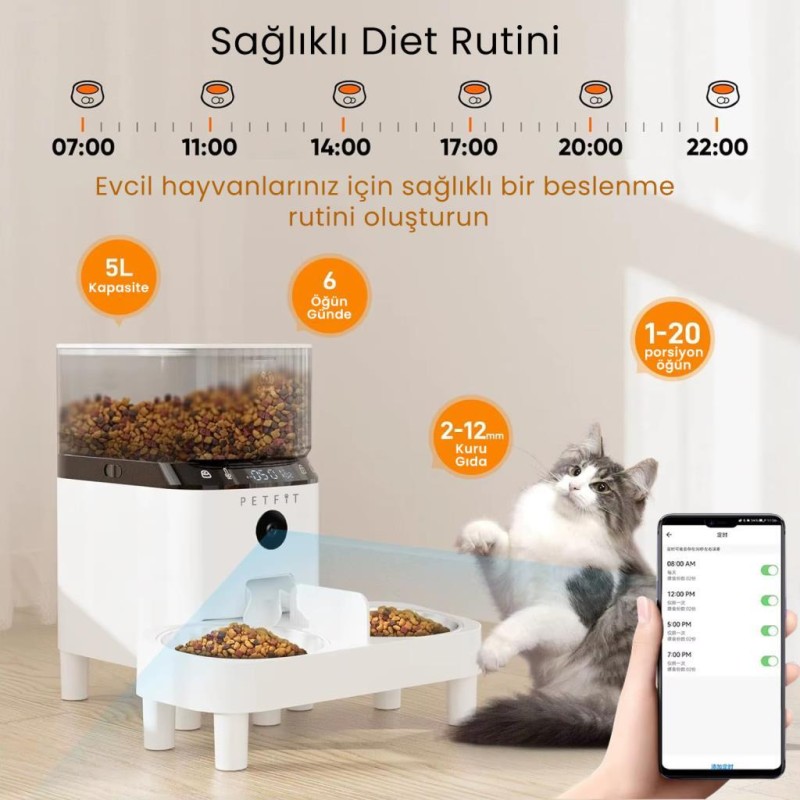 Petfit AutoDine X Plus 5L Wi-Fi Kameralı Çift Kase Akıllı Otomatik Kedi Köpek Mama Kabı Besleme Ünitesi (Sesli Komut+Çelik Kase+APP Kontrol)