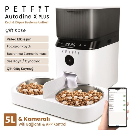 Petfit - Petfit AutoDine X Plus 5L Wi-Fi Kameralı Çift Kase Akıllı Otomatik Kedi Köpek Mama Kabı Besleme Ünitesi (Sesli Komut+Çelik Kase+APP Kontrol)