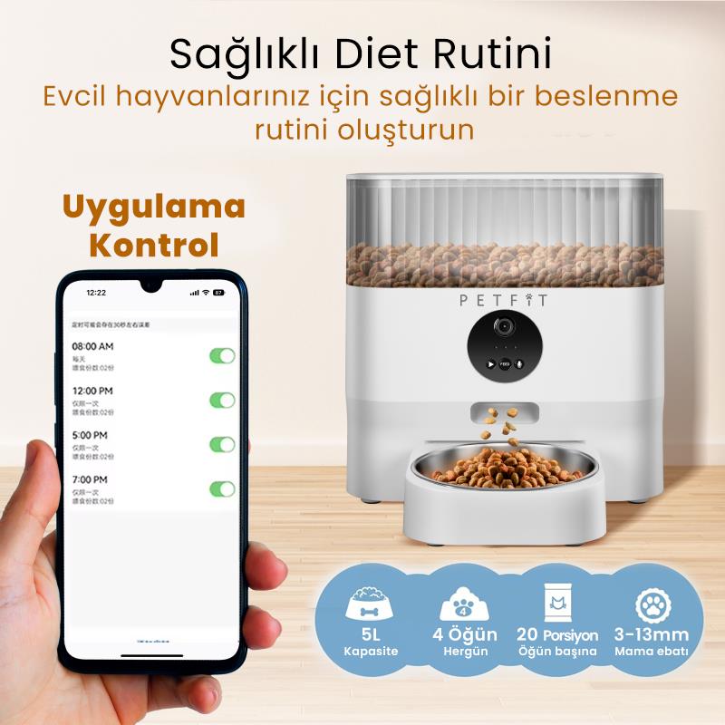 Petfit CatMax Pro 5L Wi-Fi Kameralı Akıllı Otomatik Kedi Köpek Mama Kabı Besleme Ünitesi (Sesli Komut+Çelik Kase+APP Kontrol)