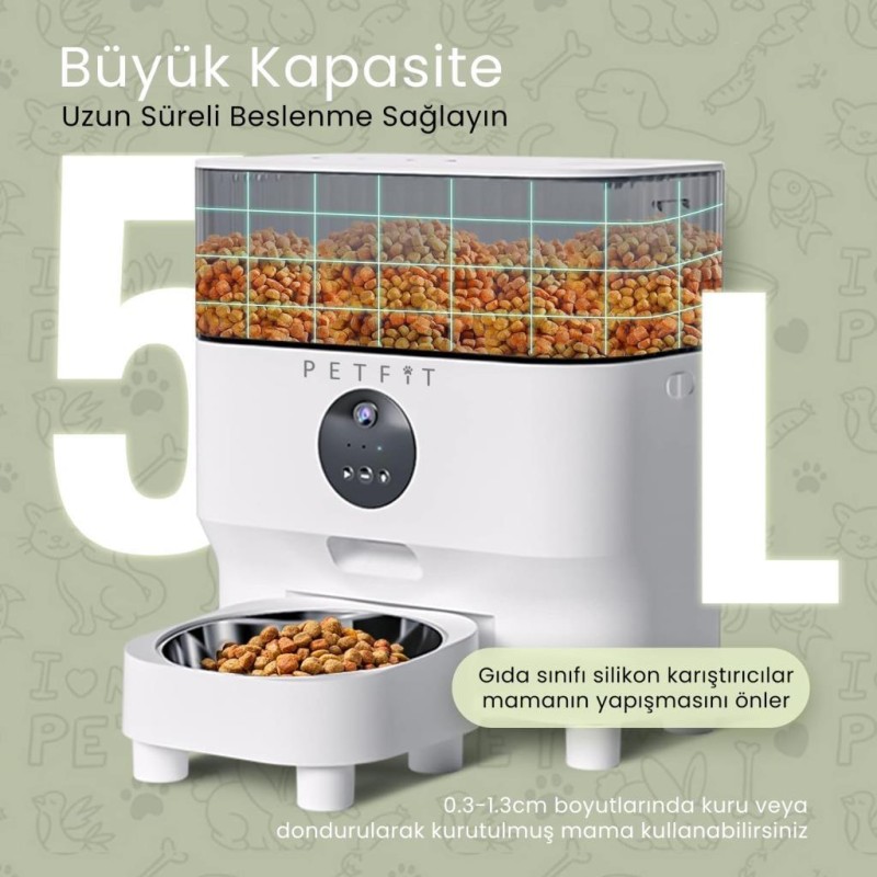Petfit CatMax Pro 5L Wi-Fi Kameralı Akıllı Otomatik Kedi Köpek Mama Kabı Besleme Ünitesi (Sesli Komut+Çelik Kase+APP Kontrol)