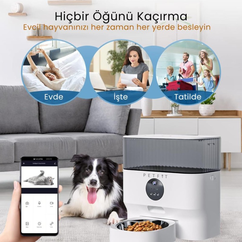 Petfit CatMax Pro 5L Wi-Fi Kameralı Akıllı Otomatik Kedi Köpek Mama Kabı Besleme Ünitesi (Sesli Komut+Çelik Kase+APP Kontrol)
