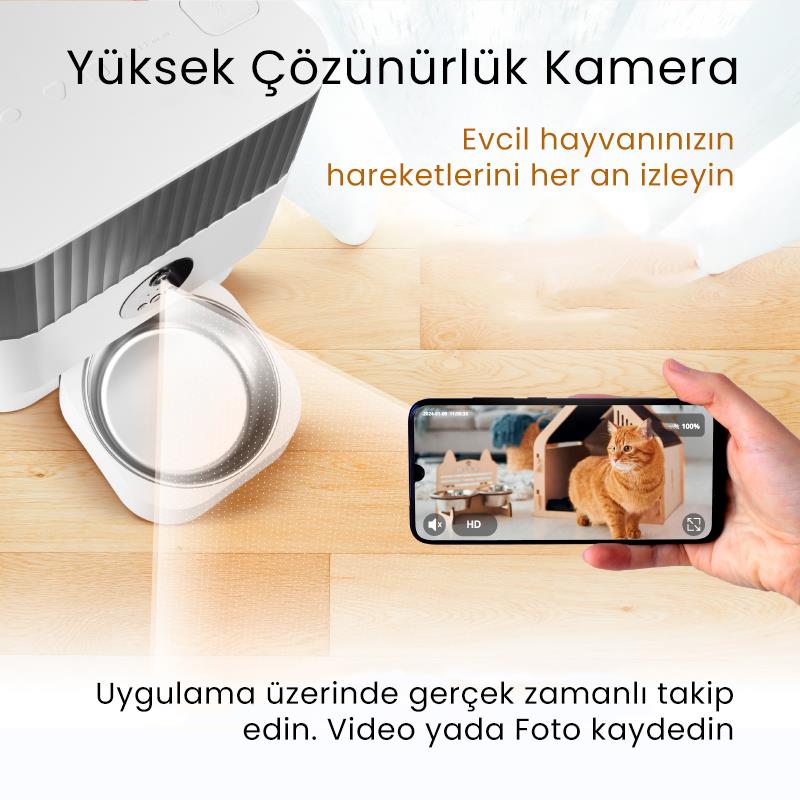 Petfit CatMax Pro 5L Wi-Fi Kameralı Akıllı Otomatik Kedi Köpek Mama Kabı Besleme Ünitesi (Sesli Komut+Çelik Kase+APP Kontrol)