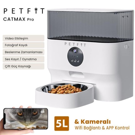 Petfit - Petfit CatMax Pro 5L Wi-Fi Kameralı Akıllı Otomatik Kedi Köpek Mama Kabı Besleme Ünitesi (Sesli Komut+Çelik Kase+APP Kontrol)
