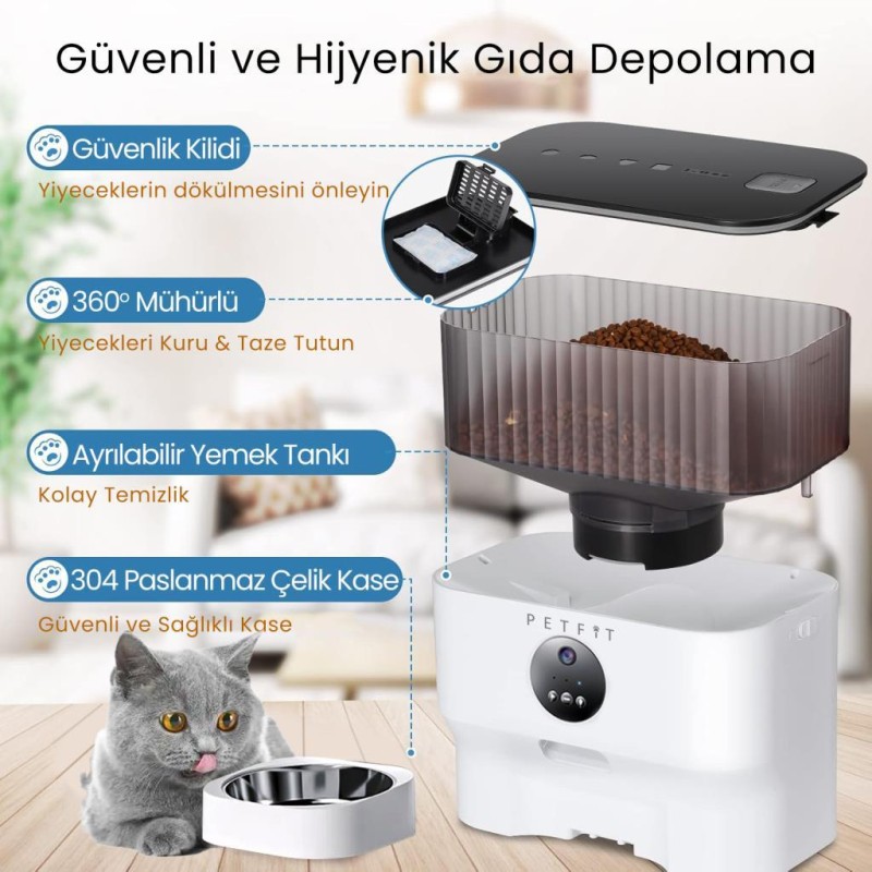 Petfit CatMax Pro 5L Wi-Fi Kameralı Akıllı Otomatik Kedi Köpek Mama Kabı Besleme Ünitesi (Sesli Komut+Çelik Kase+APP Kontrol)
